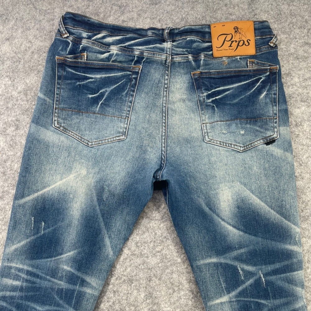 Prps Jeans Men 36x33 Blue Stretch Distressed Moto Zipper Detail Slim Fit Grunge